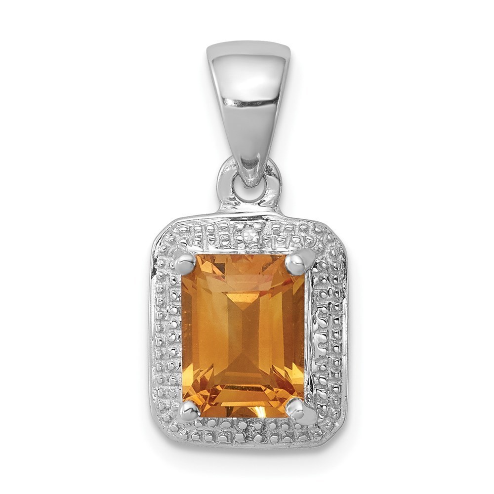 925 Sterling Silver Rhodium Emerald-cut Citrine & Diamond Charm Pendant - Picture 1 of 4